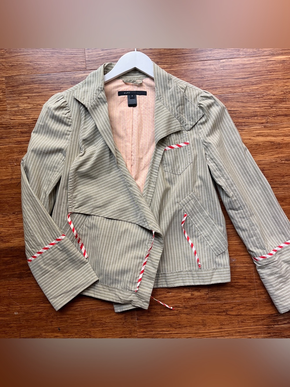 Vintage 1990s Marc Jacobs Pinstriped Sage Green Cotton Jacket Sz 4